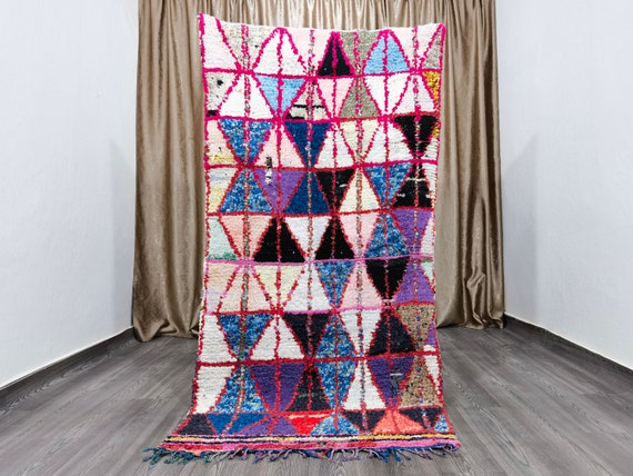 Handcrafted Boucherouite Runner Rug, Recycled Fabric, Berber Woven Rug (3.4x6.9 Ft)