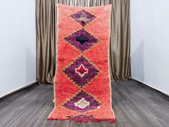 Vintage Hand-Knotted Wool Runner Rug, Red Shag Rug, 2.6x6.2 ft