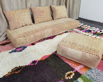 Moroccan Sofa - 6 ft (180x60x20 cm) Unstuffed Long Floor Cushion + 3 Back Pillows + Pouf .