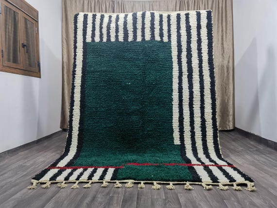 Handmade Green Wool Moroccan Rug – Striped Boho Berber Area Rug
