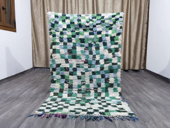 Hand-Knotted Wool Boujaad Runner Rug: Green Moroccan Berber Rug (3.5x6.1 Ft)