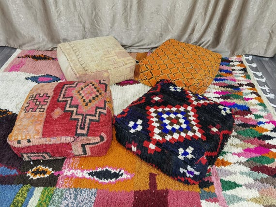 Moroccan Wool Floor Poufs – Red Kilim Cushions, Unfilled Ottoman