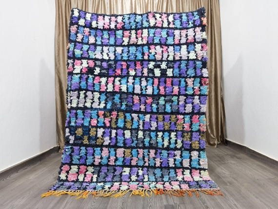 Gorgeous Checkerboard blue 4.7x6.1 Rug - Colorful Boucherouite Rug - Vintage Checker Rug - Recycled Eco Friendly - Sustainable Textile