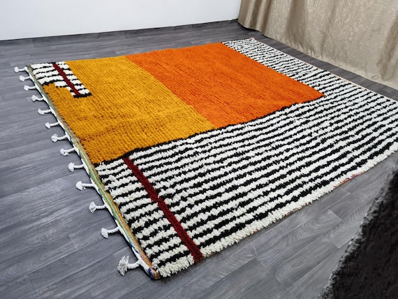 Striped Moroccan Wool Rug – Custom Handmade Berber Beni Ourain Rug for Living Rooms (Orange) .