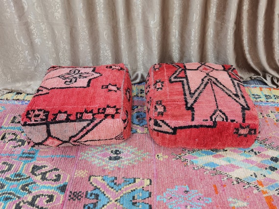 Moroccan Wool Floor Poufs – Red Kilim Cushions, Unfilled Ottoman