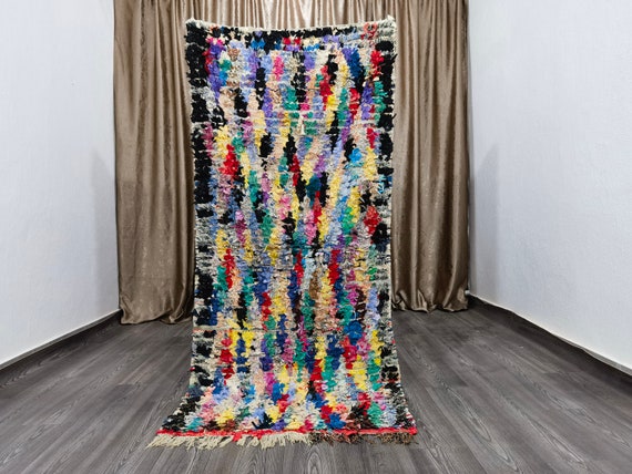 Gorgeous Handmade Moroccan Bohemian Shag Rug - Moroccan Colorful Boucherouite Rug - Old Boucherouite Rug 3x6.9 FT ( 92 X 210 Cm) .