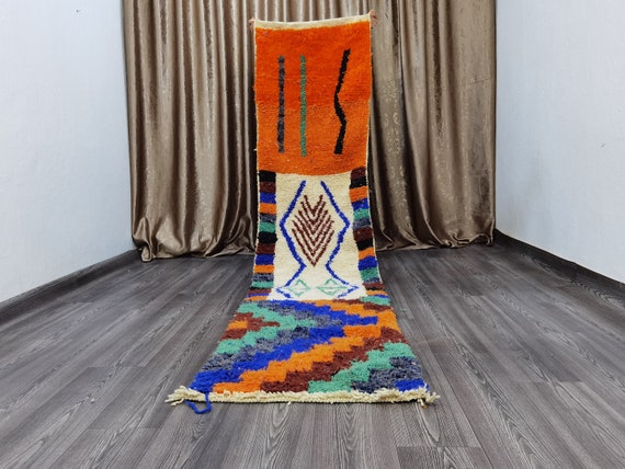 Boujaad Runner Rug , Beni Ouarain Rug , Handmade Wool , Gorgeous Boujaad  Orange Rug , Orange Wool Shaggy Rug , Moroccan Fluffy Rug