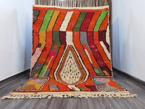 Custom Orange Boujaad Rug, Soft Shag Wool Rug, Moroccan Berber Rug, Bohemian Rug, Moroccan Area Rug, Abstract Multicolored Rug , Wool Rug