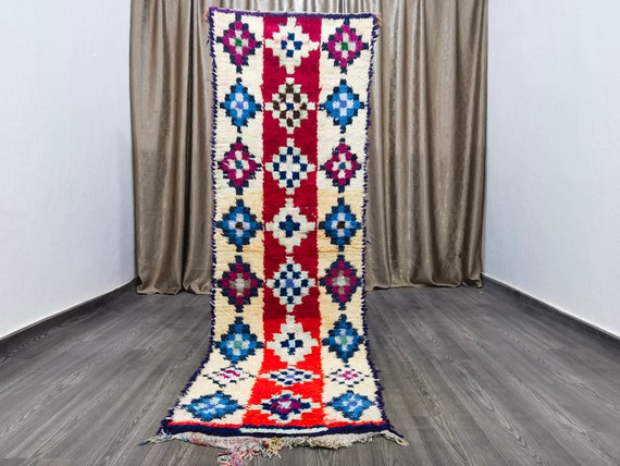 Colorful Moroccan Wool Runner Rug, Hand-Knotted Berber Carpet (2x8 ft)
