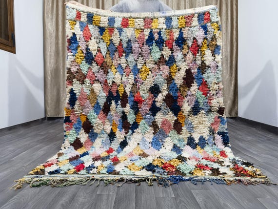Gorgeous Handmade Moroccan Bohemian Shag Rug - Moroccan Colorful Boucherouite Rug - Old Boucherouite Rug 5.1x6.8 FT ( 156 X 209 Cm) .