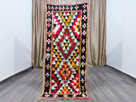 Vintage Boujad Runner Rug – Hand-Knotted Berber Rug, Colorful Boho Decor