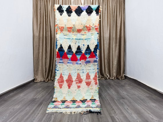 Vintage Boucherouite Rug 2.55x7.5 ft - Boucherouite Moroccan Runner - Colorful Boucherouite Rug - Old Boucherouite Rug - Bohemian Shag Rug .