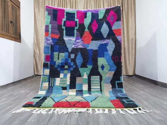 Handmade Beni Ourain Rug: Multicolored Wool Shaggy Berber Rug