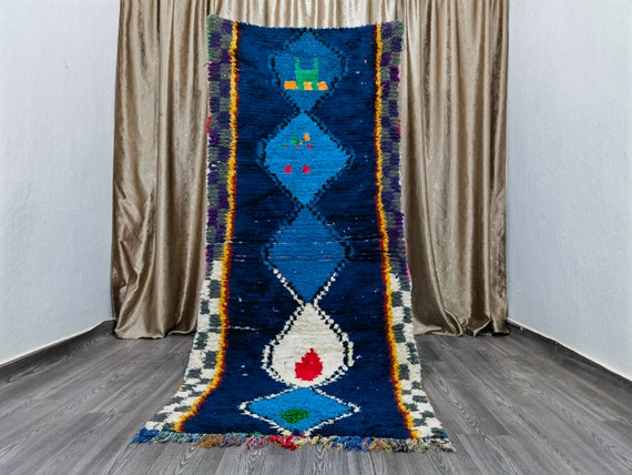 Blue Moroccan Runner Rug, Moroccan Handmade Runner Rug, Authentic Moroccan Rug, Berber Blue rug - Blue Morrocan Rug 3.6x8.4 Ft 110X 256 cm .