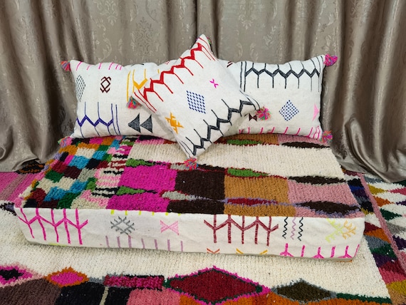 Fantastic Moroccan Floor couch - Unstuffed Complete set Long Floor Cushion - Handmade Home Decor + Back Pillows + GIFT Pillow
