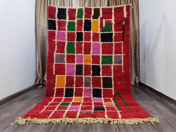 Red Boujaad Rug: Modern Moroccan Berber Wool Rug