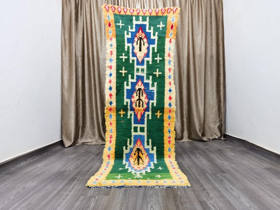 Hand-Knotted Moroccan Runner Rug: 2.6x8.2 ft, Green Berber Cotton Rug