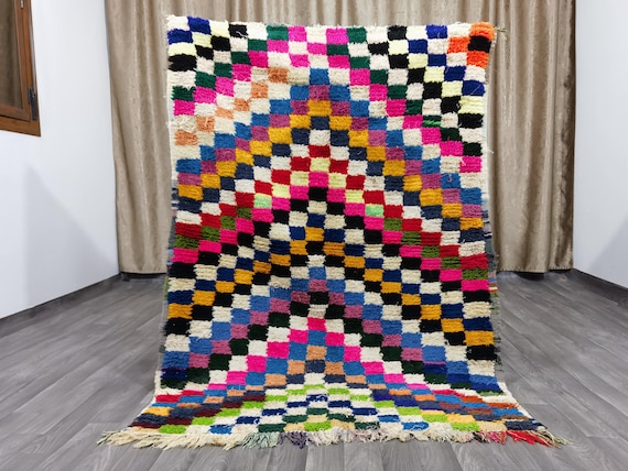 Vintage Berber Checkered Rug – 4.2x5.9 ft, Hand-Knotted Wool