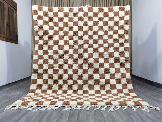 Amazing Moroccan Brown Rug - Brown And White Rug- - Wool Rug Brown - Moroccan Checkered rug - Unique Geometric Rug - Azilal Boujaad rug 8x10