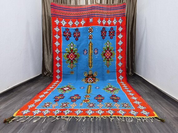 Blue Rugs For Living Room 6x12.3 ft ( 185 X 375 Cm) - Soft Area Rug - Moroccan Handmade Rug, Tribal Berber Rug, Unique Colorful boujaad Rug
