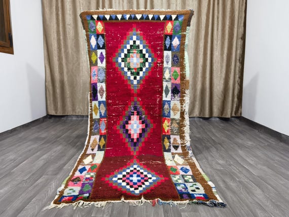 Berber Colorful Runner Rug - Authentic boujaad runner rug - Authentic Moroccan Cotton rug - Berber Runner Carpet 3.5x7.5 Ft / 105X230 cm .