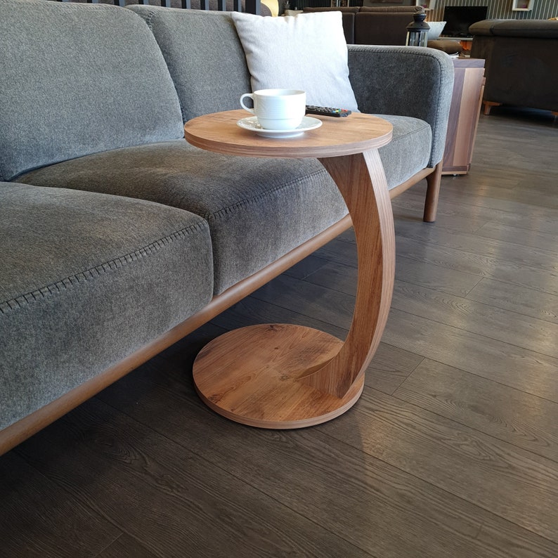 Coffee table with wheels, small side table C shape, stylish sofa table in wood-walnut look, round table for couch and sofa image 4