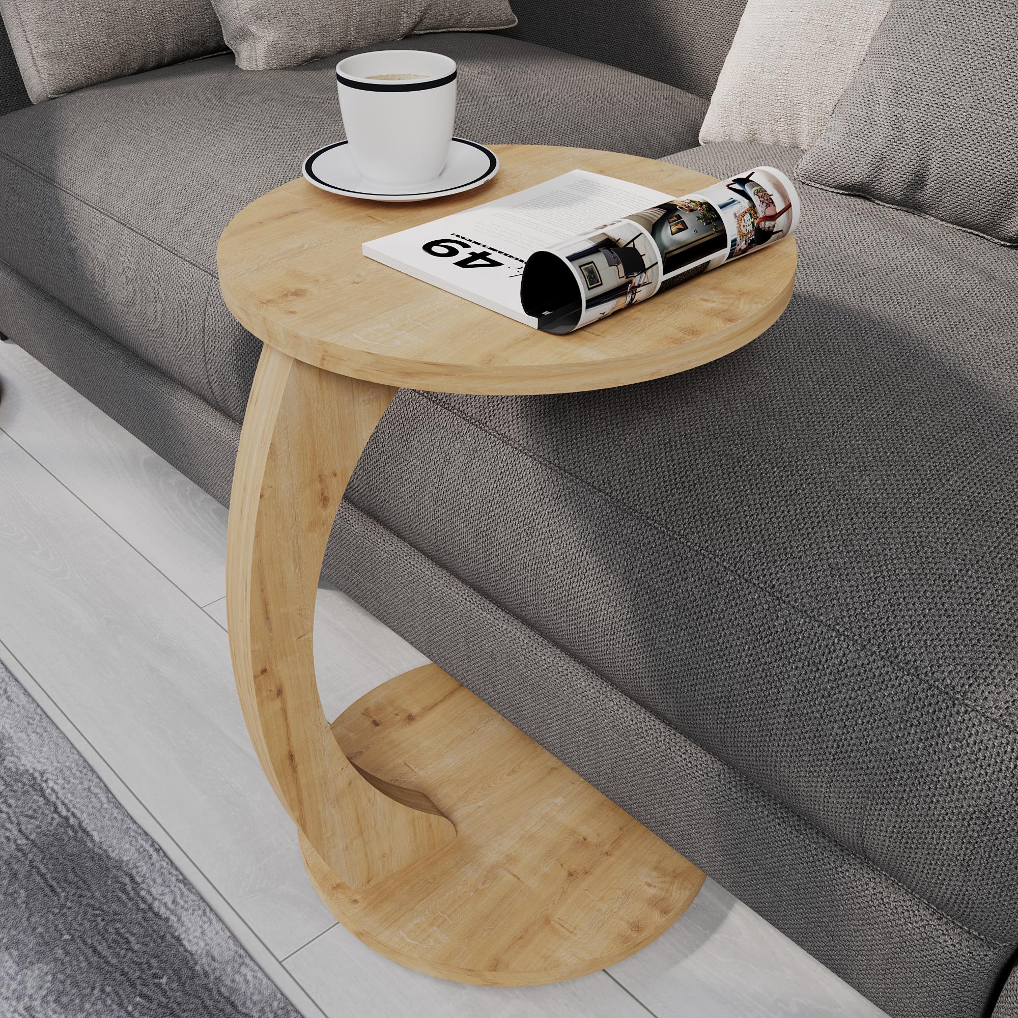 Couchtisch mit Rollen, kleiner Beistelltisch C Form, stylischer Sofatisch in Holz-Nussbaum Optik, runder Tisch für Couch und Sofa
