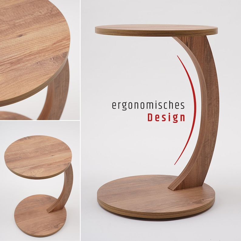 Couchtisch mit Rollen, kleiner Beistelltisch C Form, stylischer Sofatisch in Holz-Nussbaum Optik, runder Tisch für Couch und Sofa Bild 3