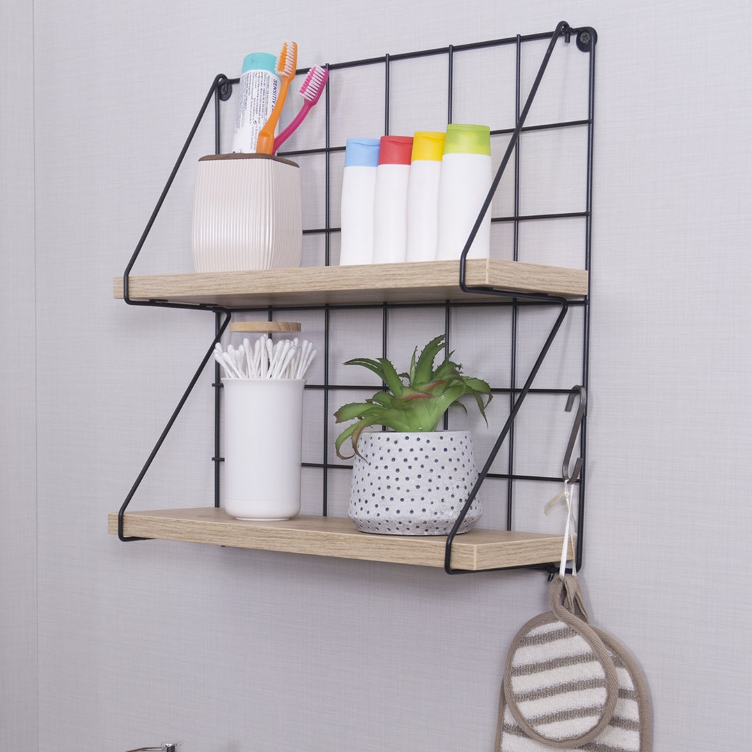 Stylish Floating Shelf Made of Wood With a Metal Frame, Kitchen Shelf