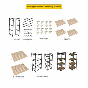May include: Assembly instructions for a black metal shelf unit with wooden shelves. The diagram shows the individual parts and how to assemble the shelf. The instructions are in German and include the text "Montage - Schema / Assembly Scheme", "8 St&uuml;ck/Pcs.", "2 St&uuml;ck/Pcs.", "16 St&uuml;ck/Pcs.", "4 St&uuml;ck/Pcs.", "1. Schritt/Step 1", and "2.Schritt /Step 2".