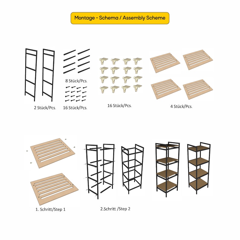 May include: Assembly instructions for a black metal shelf unit with wooden shelves. The diagram shows the individual parts and how to assemble the shelf. The instructions are in German and include the text "Montage - Schema / Assembly Scheme", "8 St&uuml;ck/Pcs.", "2 St&uuml;ck/Pcs.", "16 St&uuml;ck/Pcs.", "4 St&uuml;ck/Pcs.", "1. Schritt/Step 1", and "2.Schritt /Step 2".