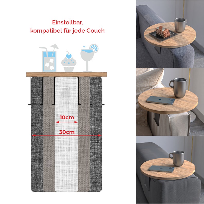 Couch tray armrest, adjustable sofa tray, cup holder, special design with metal holder, seating set shelf, 35 cm wood look image 4