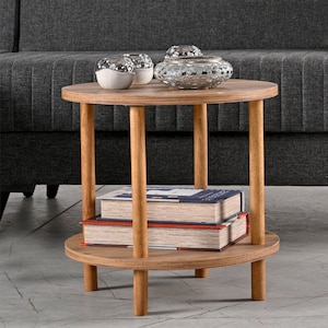 Two-tier wooden sofa table, end table, small round coffee table, elegant 2-tier corner table, bookcase, flower rack