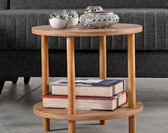 Zweistöckiger Sofatisch aus Holz, Beistelltisch, Kleiner runder Couchtisch, eleganter 2-stöckiger Ecktisch, Bücherregal, Blumenregal