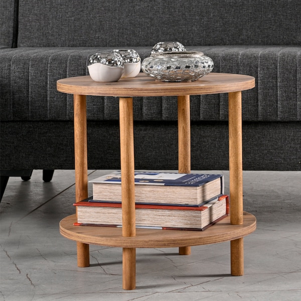 Zweistöckiger Sofatisch aus Holz, Beistelltisch, Kleiner runder Couchtisch, eleganter 2-stöckiger Ecktisch, Bücherregal, Blumenregal