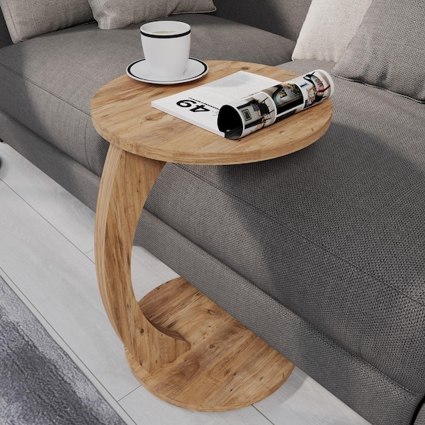 Coffee table with wheels, small side table C shape, stylish sofa table in wooden walnut look, round table for couch and sofa