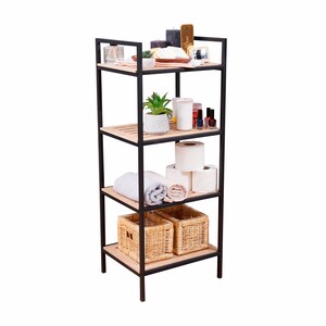 May include: A black metal bathroom shelf unit with four wooden shelves. The shelves are filled with various bathroom items, including a potted plant, towels, toilet paper, and baskets.