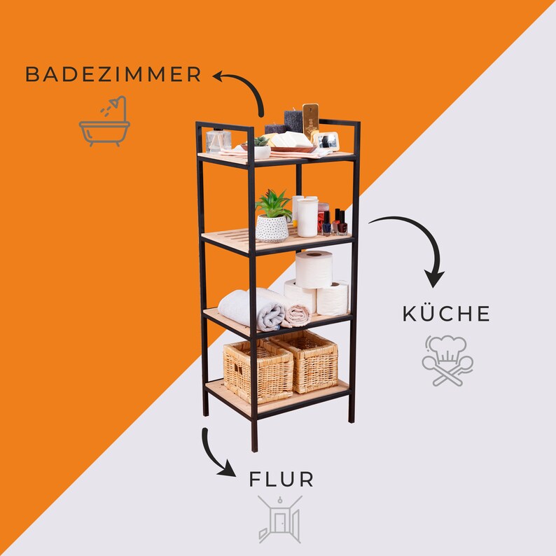 May include: A black metal shelf unit with four shelves. The shelves are made of wood and are filled with various items, including towels, toiletries, and storage baskets. The shelf unit is labeled "BADEZIMMER", "K&Uuml;CHE", and "FLUR" to indicate its potential uses in different rooms of a home.
