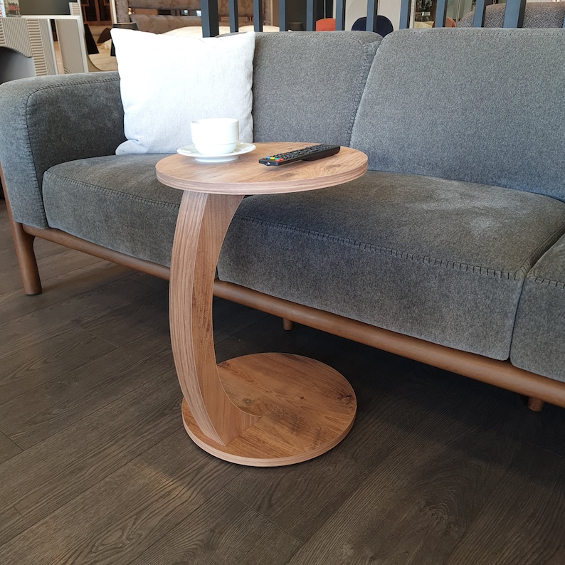 Coffee table with wheels, small side table C shape, stylish sofa table in wood-walnut look, round table for couch and sofa image 1
