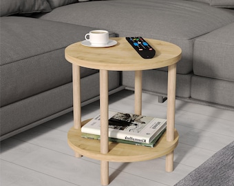 Zweistöckiger Sofatisch aus Holz, Beistelltisch, Kleiner runder Couchtisch, eleganter 2-stöckiger Ecktisch, Bücherregal, Blumenregal