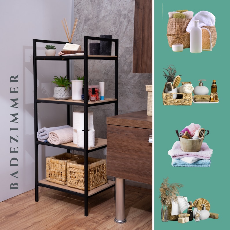 May include: A black metal shelf unit with four shelves, holding various bathroom items, including towels, baskets, and toiletries. The shelf unit is in a bathroom setting with a wooden vanity cabinet and a tiled wall.