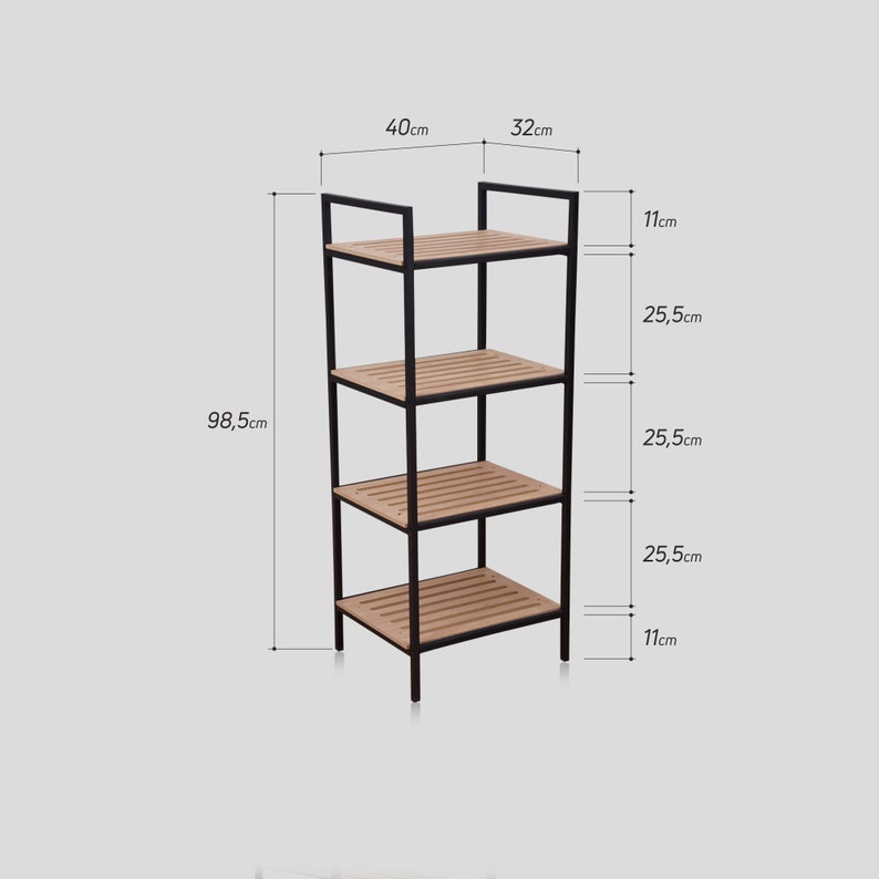 May include: Black metal shelf unit with four wooden shelves. The shelf is 32 inches wide, 40 inches tall, and 98.5 inches deep.