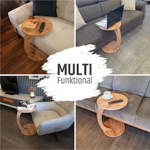 Couchtisch mit Rollen, kleiner Beistelltisch C Form, stylischer Sofatisch in Holz-Nussbaum Optik, runder Tisch für Couch und Sofa Bild 5