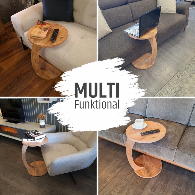 Couchtisch mit Rollen, kleiner Beistelltisch C Form, stylischer Sofatisch in Holz-Nussbaum Optik, runder Tisch für Couch und Sofa Bild 5