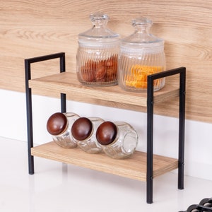 Multifunctional wooden shelf with oak look and metal frame for the bathroom and kitchen, kitchen shelf, bathroom shelf, cosmetic shelf, office shelf