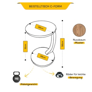 Couchtisch mit Rollen, kleiner Beistelltisch C Form, stylischer Sofatisch in Holz-Nussbaum Optik, runder Tisch für Couch und Sofa Bild 2