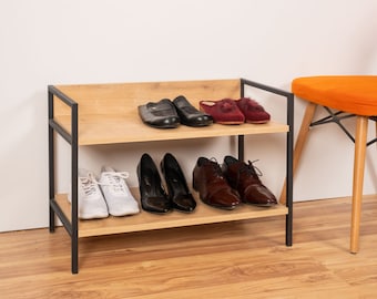Modernes Schuhregal aus Holz mit Eiche-Optik für kleinere Wohnungen, stylischer Regal, Schuh-Organizer, Holzregal mit 2 Ablagen