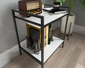Moderner weißer Nachttisch mit Metallgestell, Nachtkonsole, Beistelltisch, Bücherregal, Sideboard, Schreibtisch, Kommode, Laptoptisch