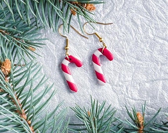 Candy Cane Dangles. Festive earrings. Holiday earrings. Classic red and white candy cane. Gift Idea.