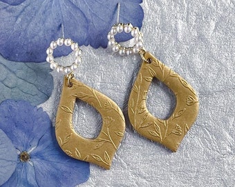 Rachel Dangles antique gold. Handmade polymer clay earrings. Unique teardrop shape. Embossed texture. Earrings for a classy lady.
